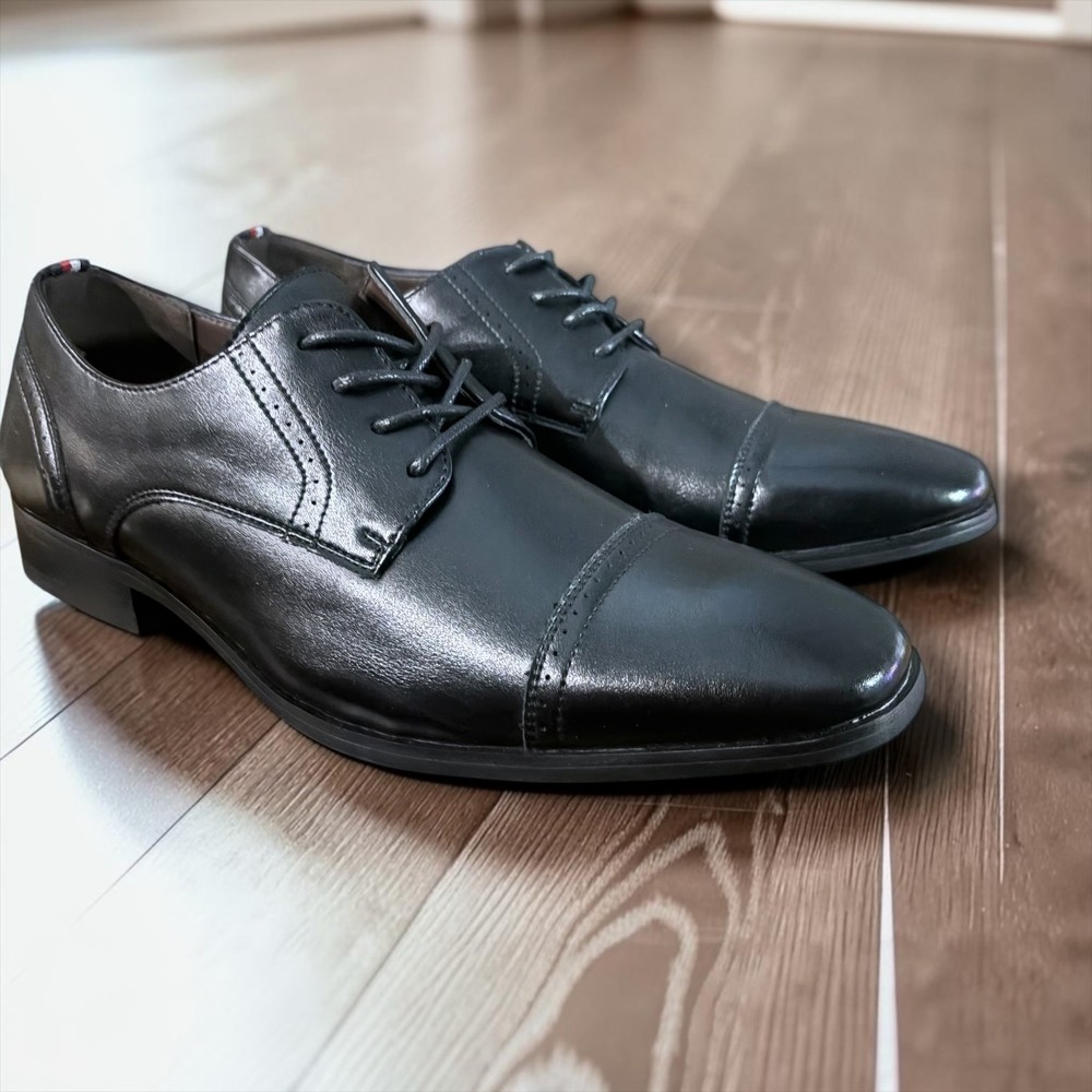 Tommy Hilfiger Mens Black Leather Cap Toe Oxford Dress Shoes Memory Foam